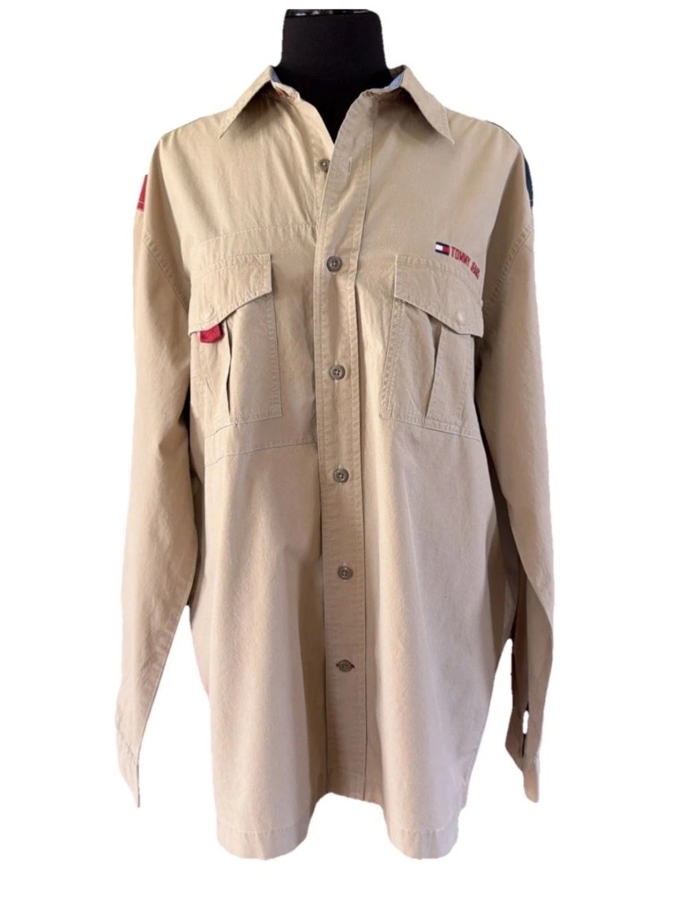 Tommy Jeans Patriotic USA Flag Button Long Sleeve Shirt Mens Poplin Khaki Size M